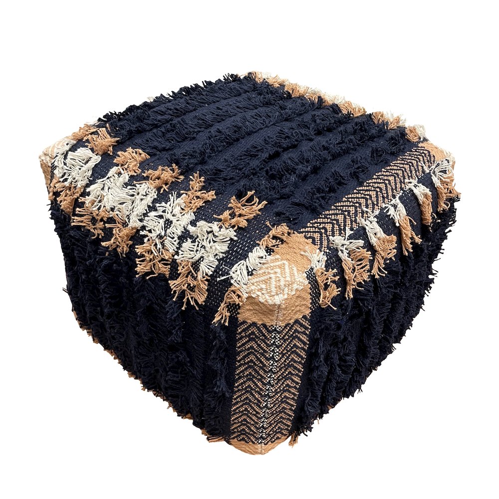 Monarch Cotton Indoor Pouf in Blue/Orange, 18" x 18" x 14". Picture 4