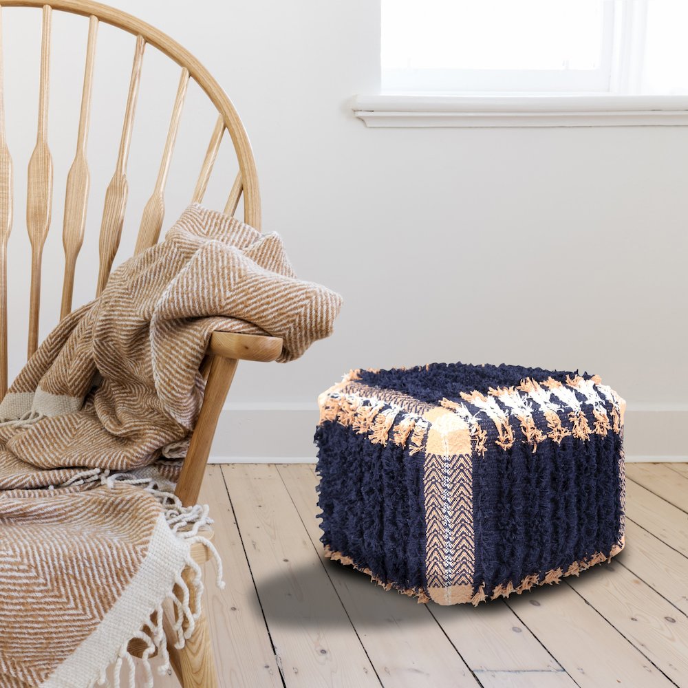 Monarch Cotton Indoor Pouf in Blue/Orange, 18" x 18" x 14". Picture 8