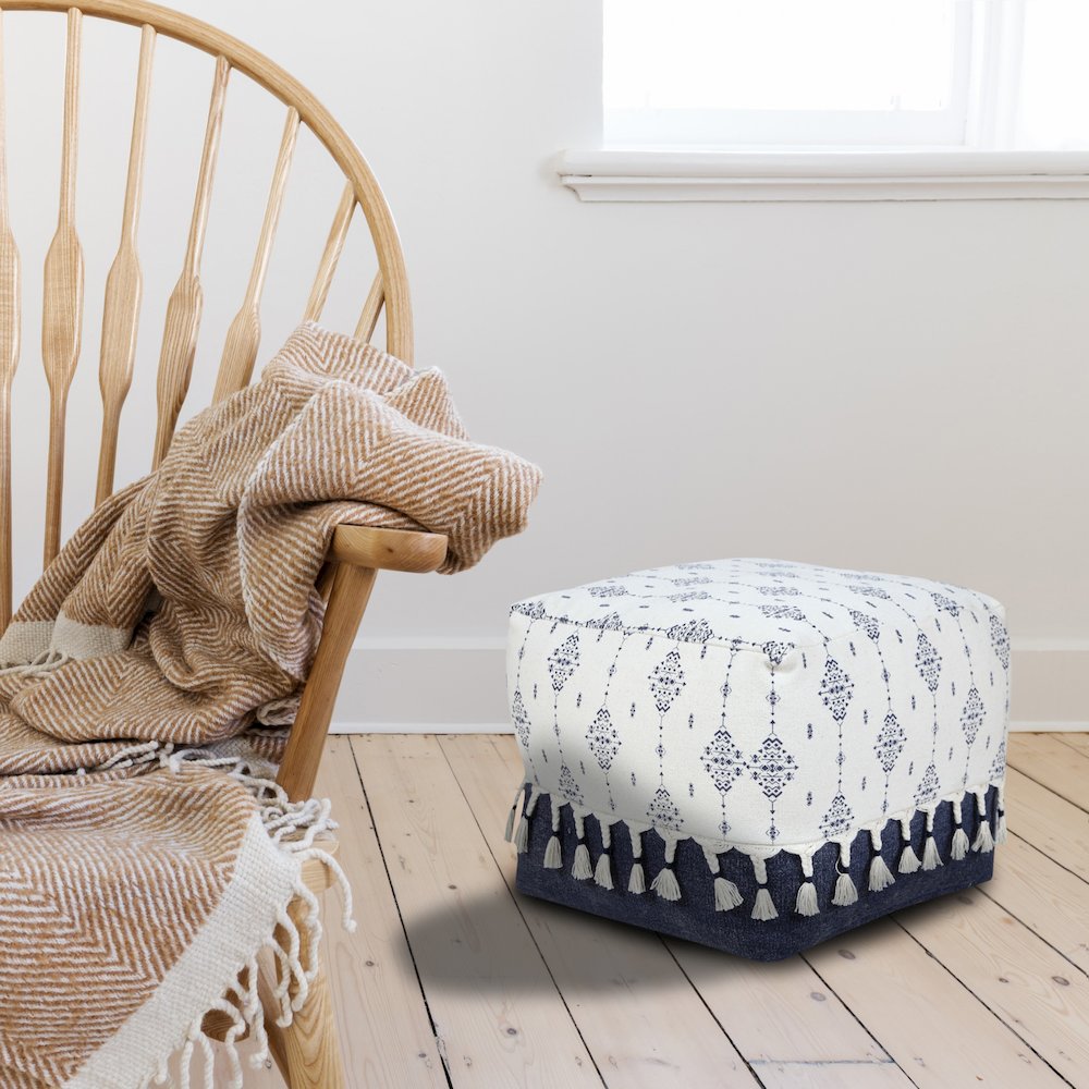 Monarch Cotton Indoor Pouf in Blue/White, 18" x 18" x 14". Picture 9