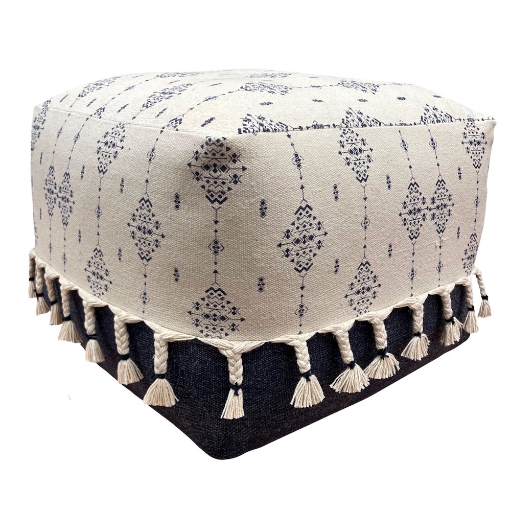 Monarch Cotton Indoor Pouf in Blue/White, 18" x 18" x 14". Picture 1