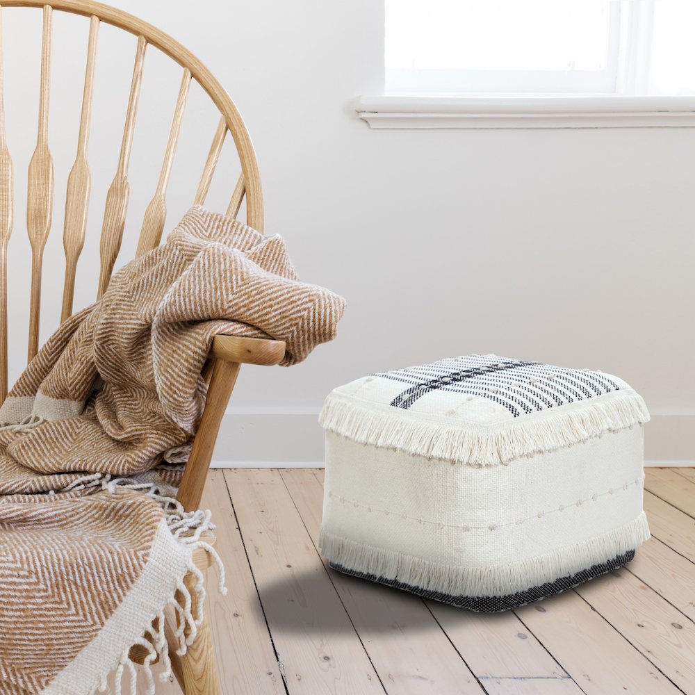 Monarch Cotton Indoor Pouf in White/Black, 18" x 18" x 14". Picture 8