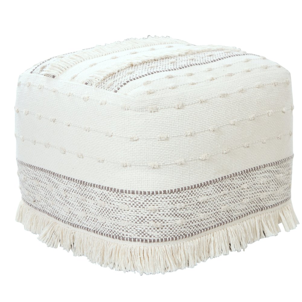 Monarch Cotton Indoor Pouf in Cream/Brown, 18" x 18" x 14". Picture 4