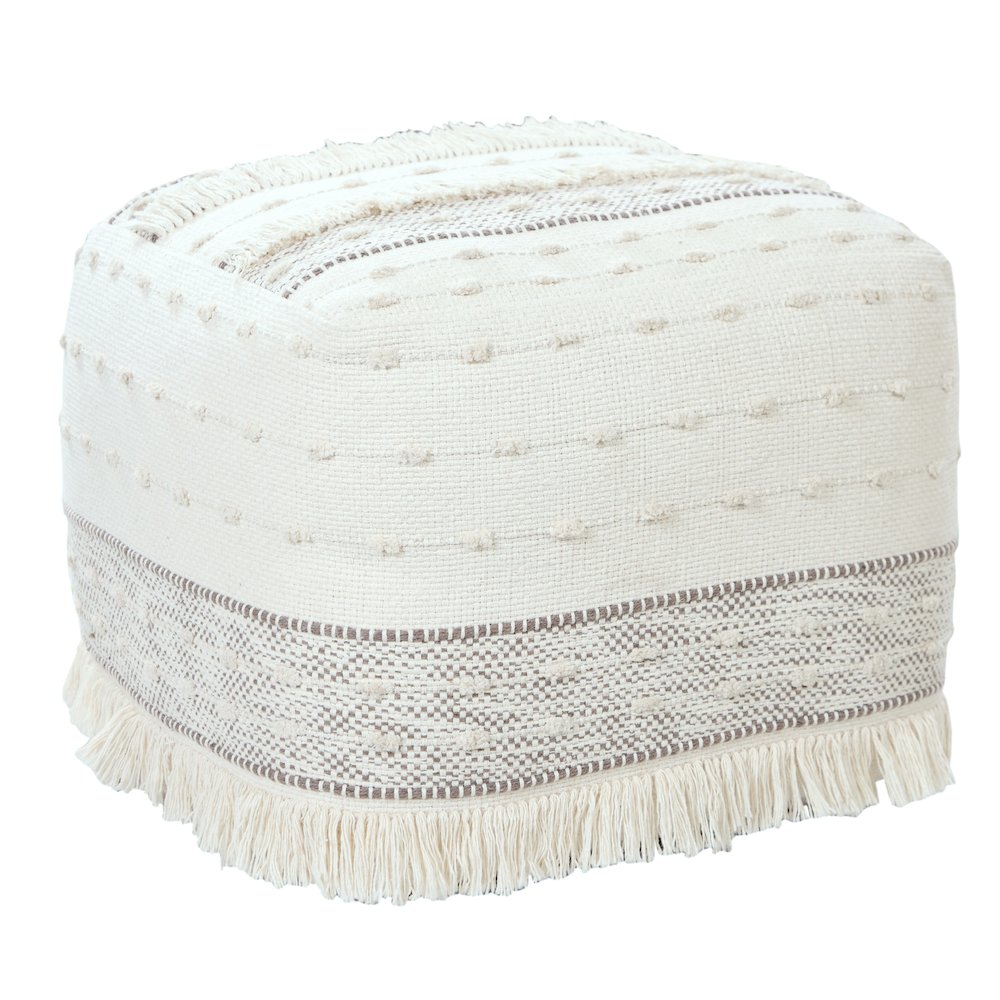 Monarch Cotton Indoor Pouf in Cream/Brown, 18" x 18" x 14". Picture 6
