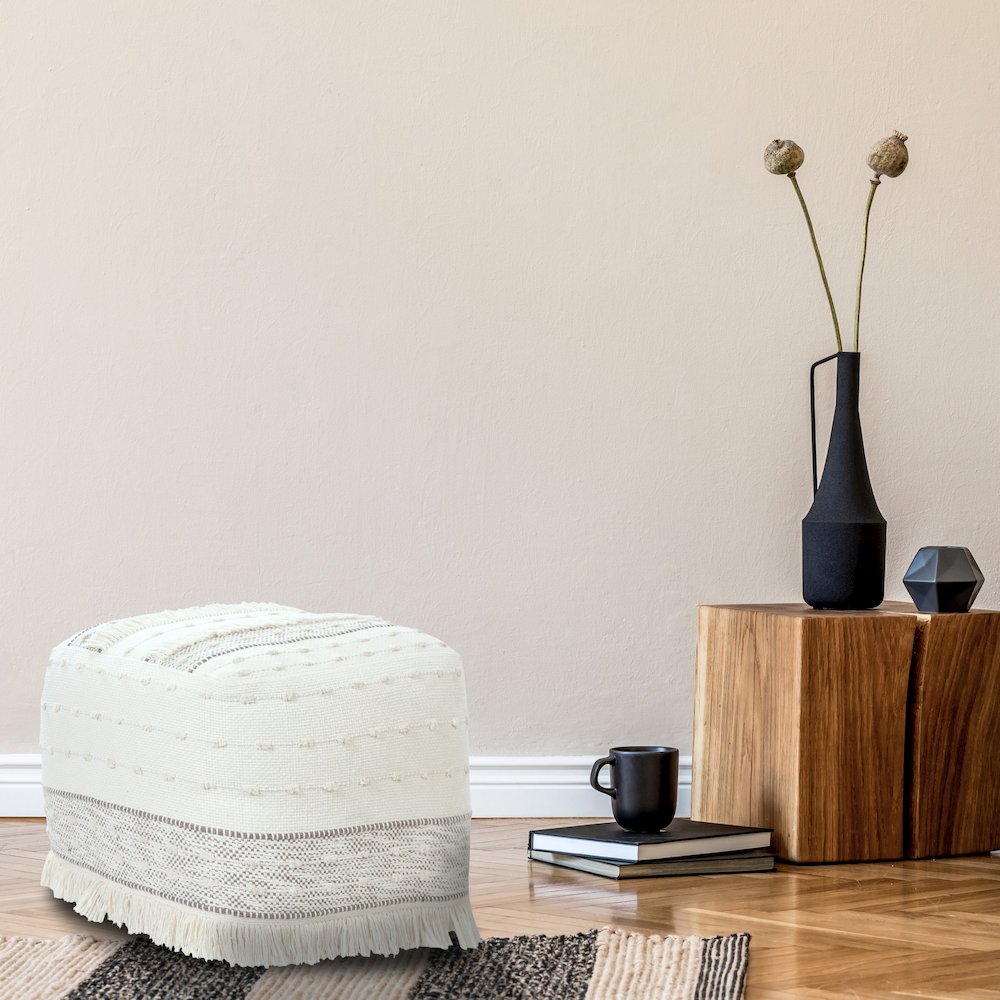 Monarch Cotton Indoor Pouf in Cream/Brown, 18" x 18" x 14". Picture 7