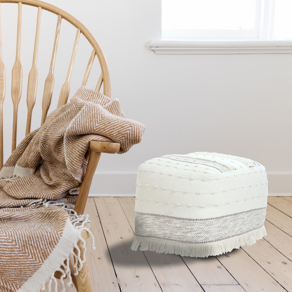 Monarch Cotton Indoor Pouf in Cream/Brown, 18" x 18" x 14". Picture 9
