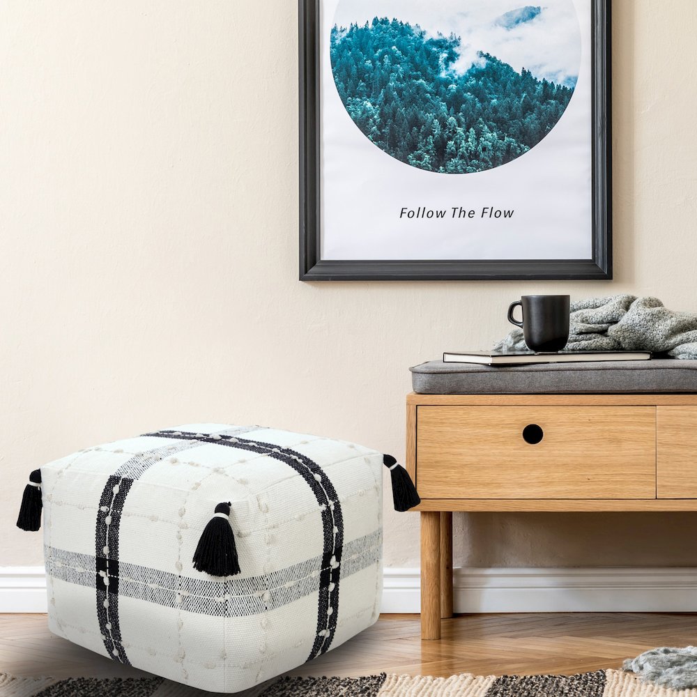 Monarch Cotton Indoor Pouf in Black/White, 18" x 18" x 14". Picture 9