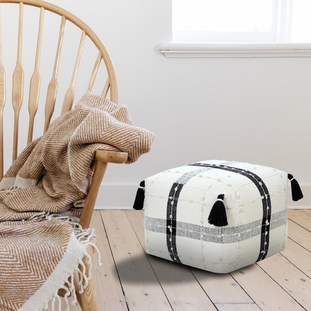 Monarch Cotton Indoor Pouf in Black/White, 18" x 18" x 14". Picture 10