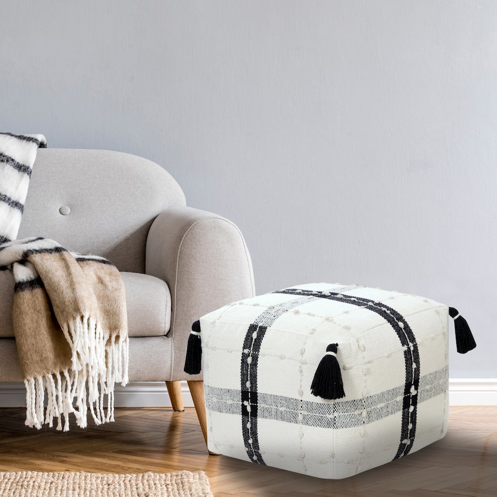 Monarch Cotton Indoor Pouf in Black/White, 18" x 18" x 14". Picture 2