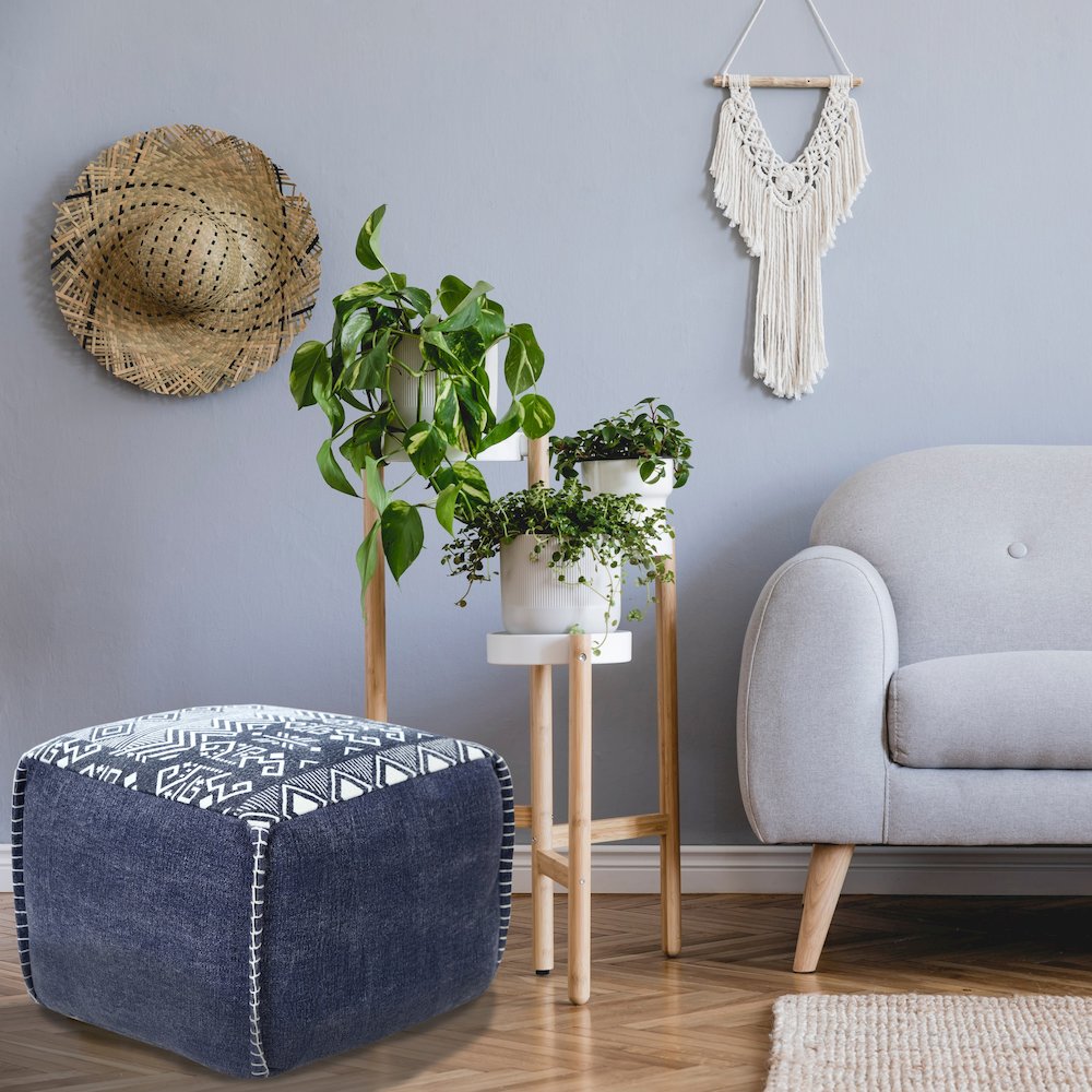 Pacifica Cotton Indoor Pouf in Blue/White, 18" x 18" x 14". Picture 2