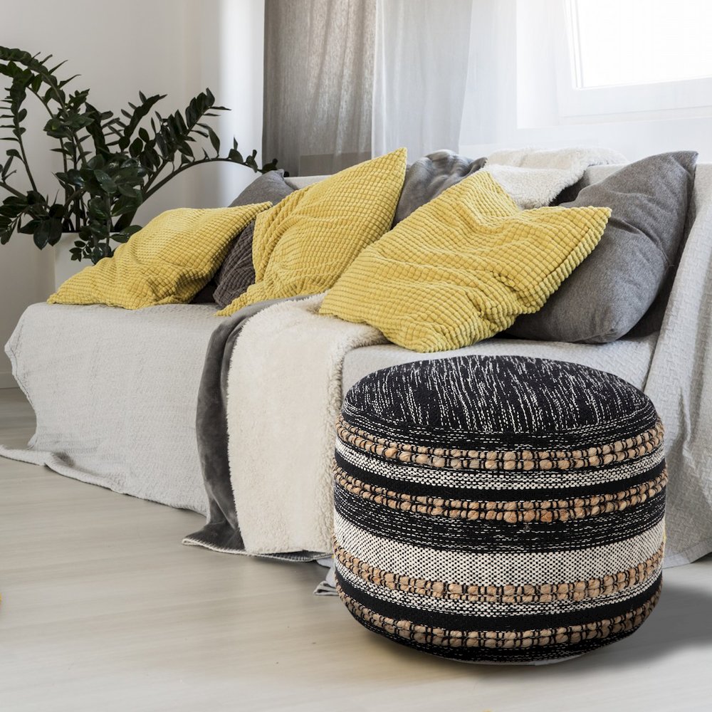 Enigma Cotton Blend Indoor Pouf in Black/White, 18" x 18" x 14". Picture 7