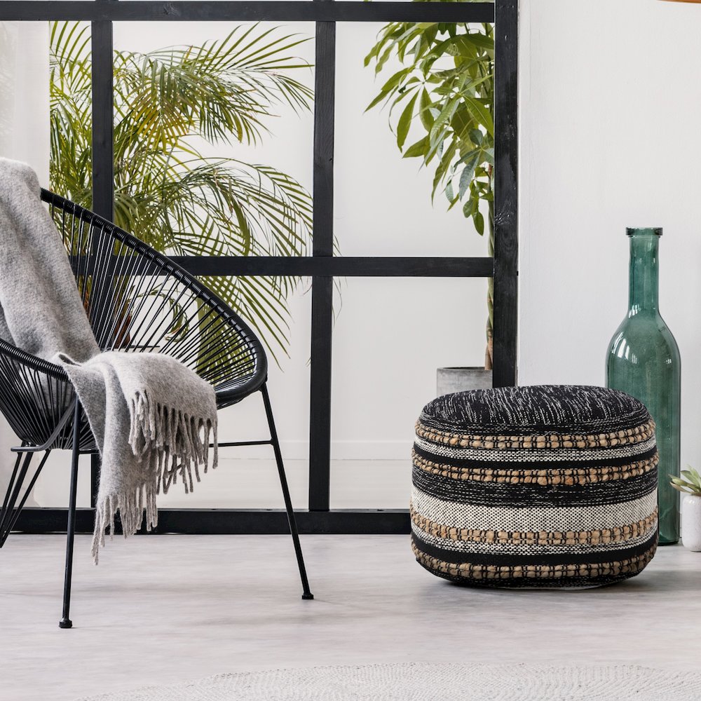Enigma Cotton Blend Indoor Pouf in Black/White, 18" x 18" x 14". Picture 8