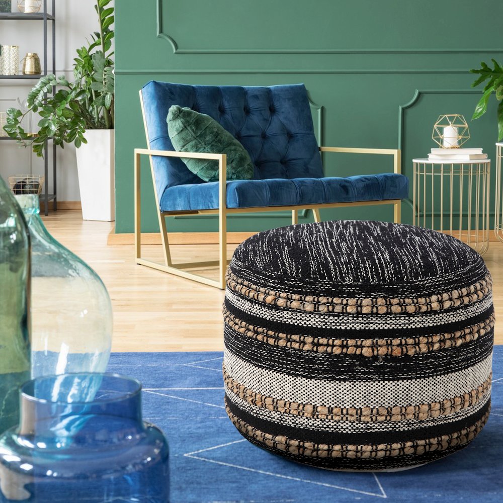 Enigma Cotton Blend Indoor Pouf in Black/White, 18" x 18" x 14". Picture 9