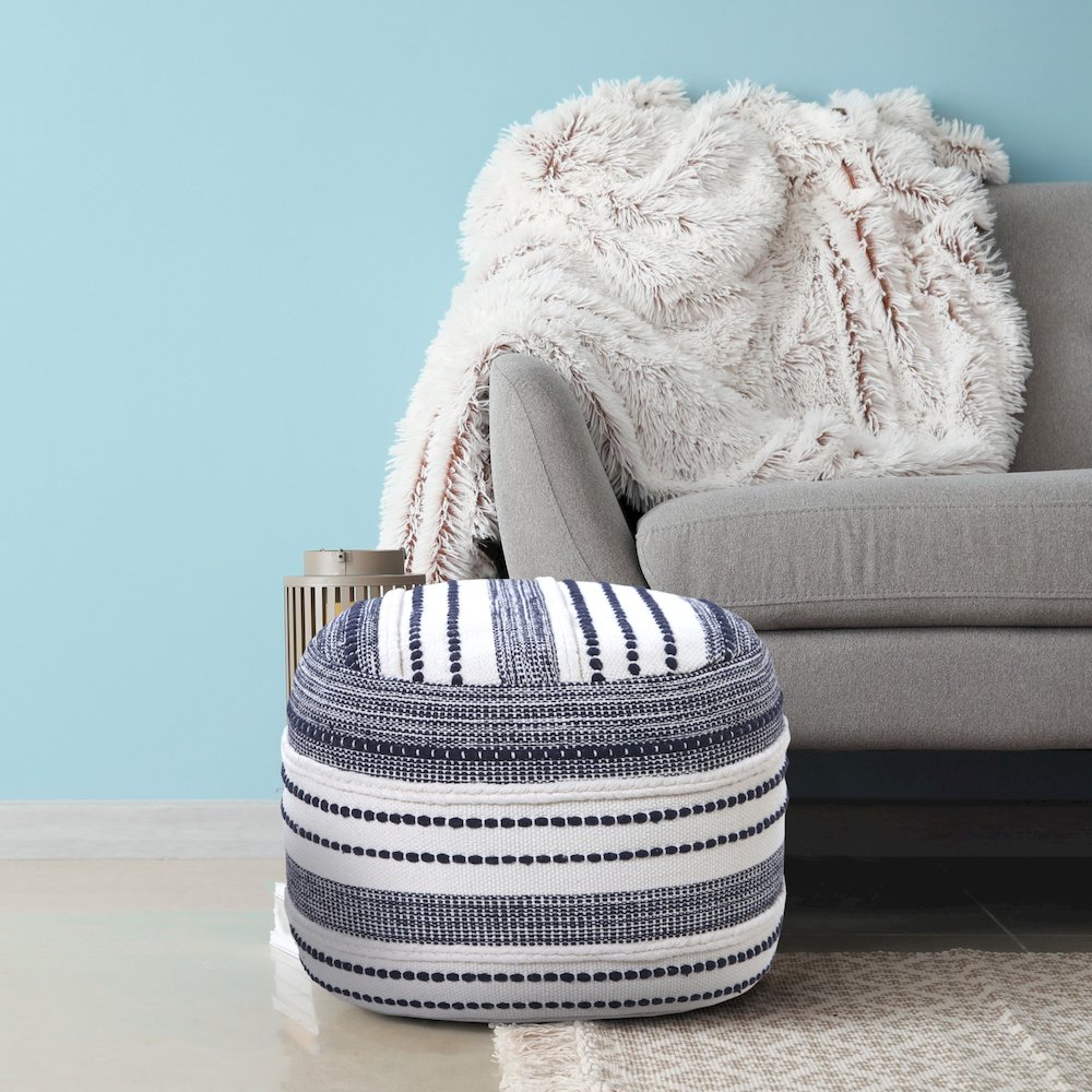 Enigma Cotton Indoor Pouf in Blue/White, 18" x 18" x 14". Picture 8