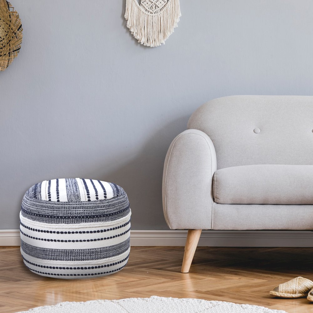 Enigma Cotton Indoor Pouf in Blue/White, 18" x 18" x 14". Picture 9