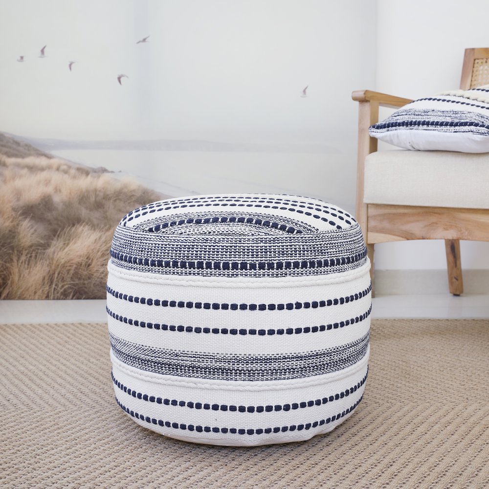 Enigma Cotton Indoor Pouf in Blue/White, 18" x 18" x 14". Picture 2