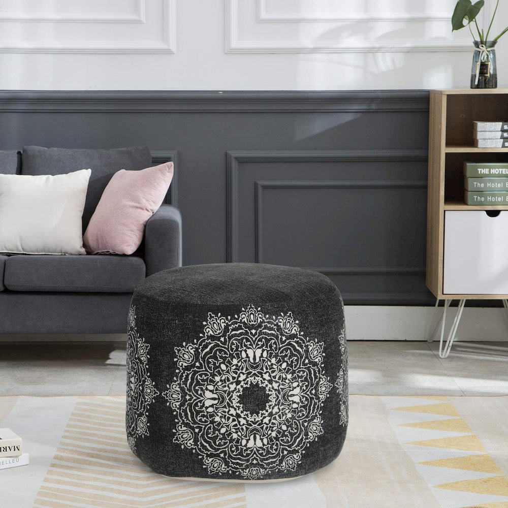 Enigma Cotton Indoor Pouf in Black/White, 18" x 18" x 14". Picture 7