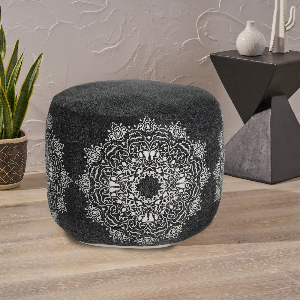 Enigma Cotton Indoor Pouf in Black/White, 18" x 18" x 14". Picture 8