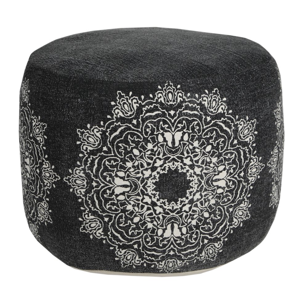 Enigma Cotton Indoor Pouf in Black/White, 18" x 18" x 14". Picture 1