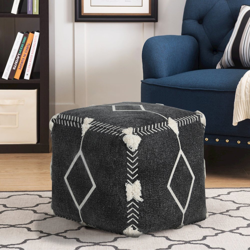 Avant-garde Cotton Indoor Pouf in Black/White, 18" x 18" x 14". Picture 8
