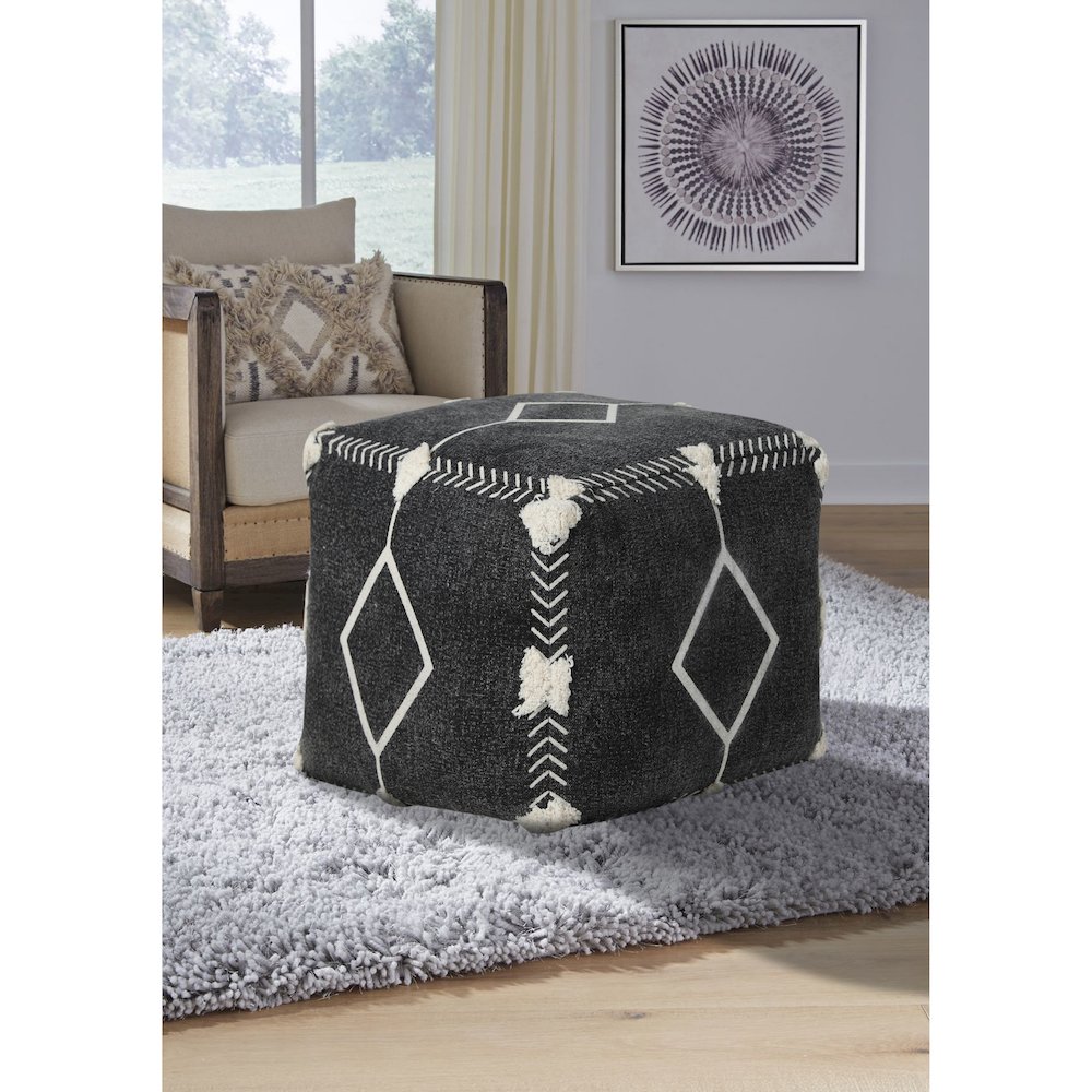 Avant-garde Cotton Indoor Pouf in Black/White, 18" x 18" x 14". Picture 9