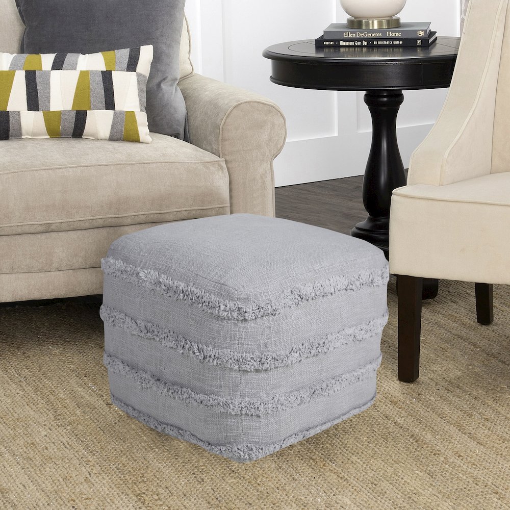 Revelation Cotton Indoor Pouf in Gray, 18" x 18" x 14". Picture 8
