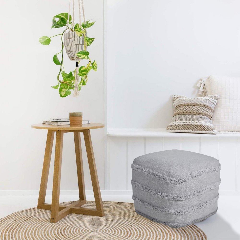 Revelation Cotton Indoor Pouf in Gray, 18" x 18" x 14". Picture 9