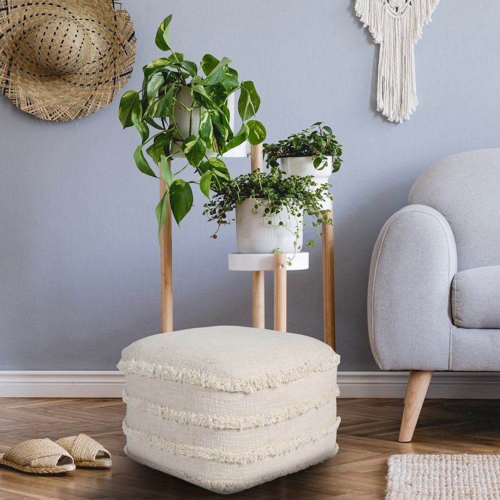 Revelation Cotton Indoor Pouf in Cream, 18" x 18" x 14". Picture 8