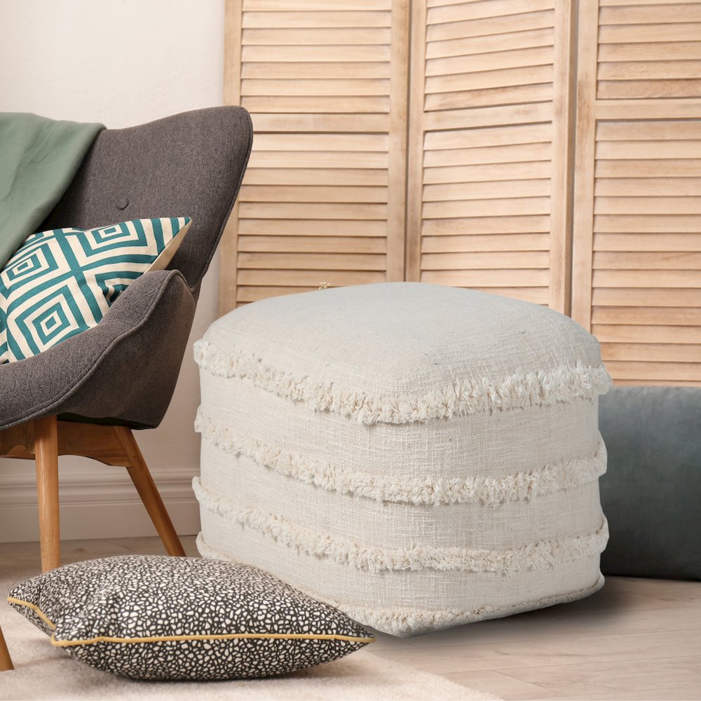 Revelation Cotton Indoor Pouf in Cream, 18" x 18" x 14". Picture 9