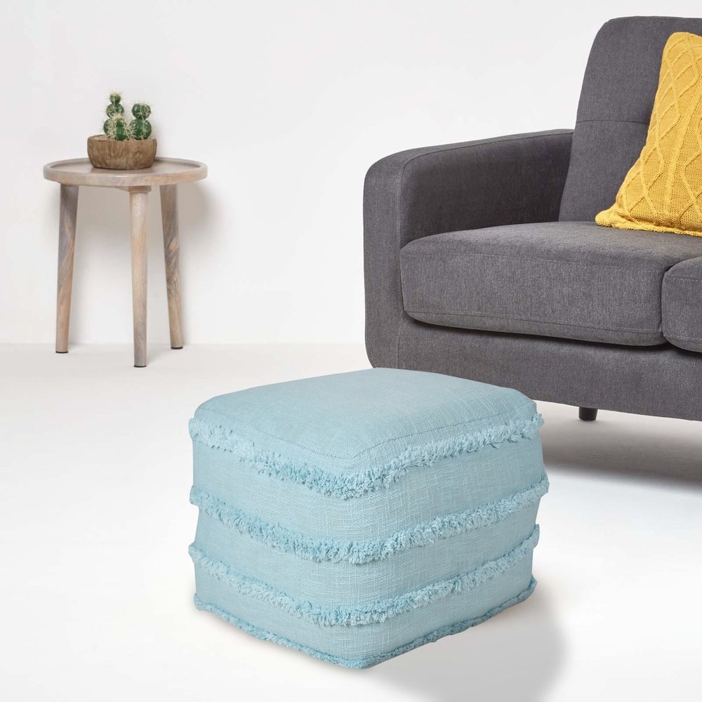Revelation Cotton Indoor Pouf in Blue, 18" x 18" x 14". Picture 8