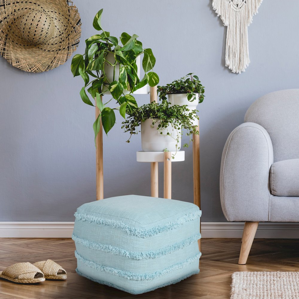 Revelation Cotton Indoor Pouf in Blue, 18" x 18" x 14". Picture 9