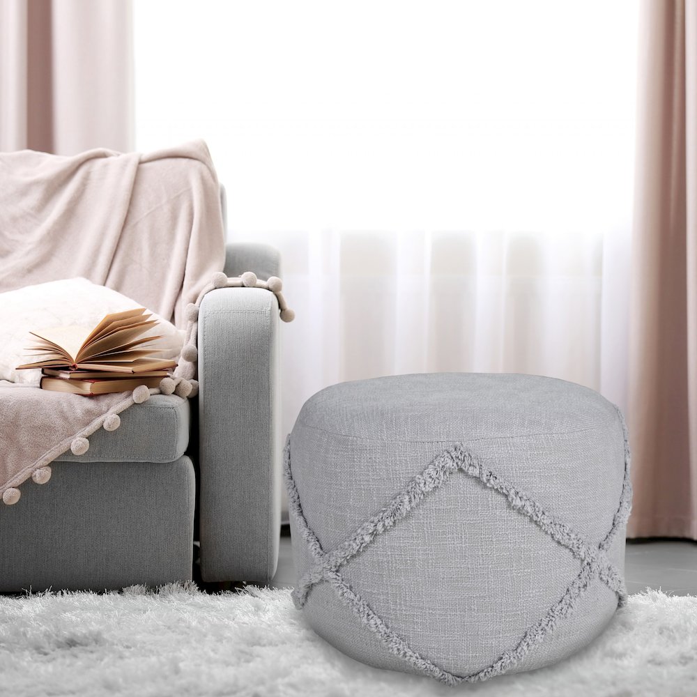 Revelation Cotton Indoor Pouf in Gray, 18" x 18" x 14". Picture 8