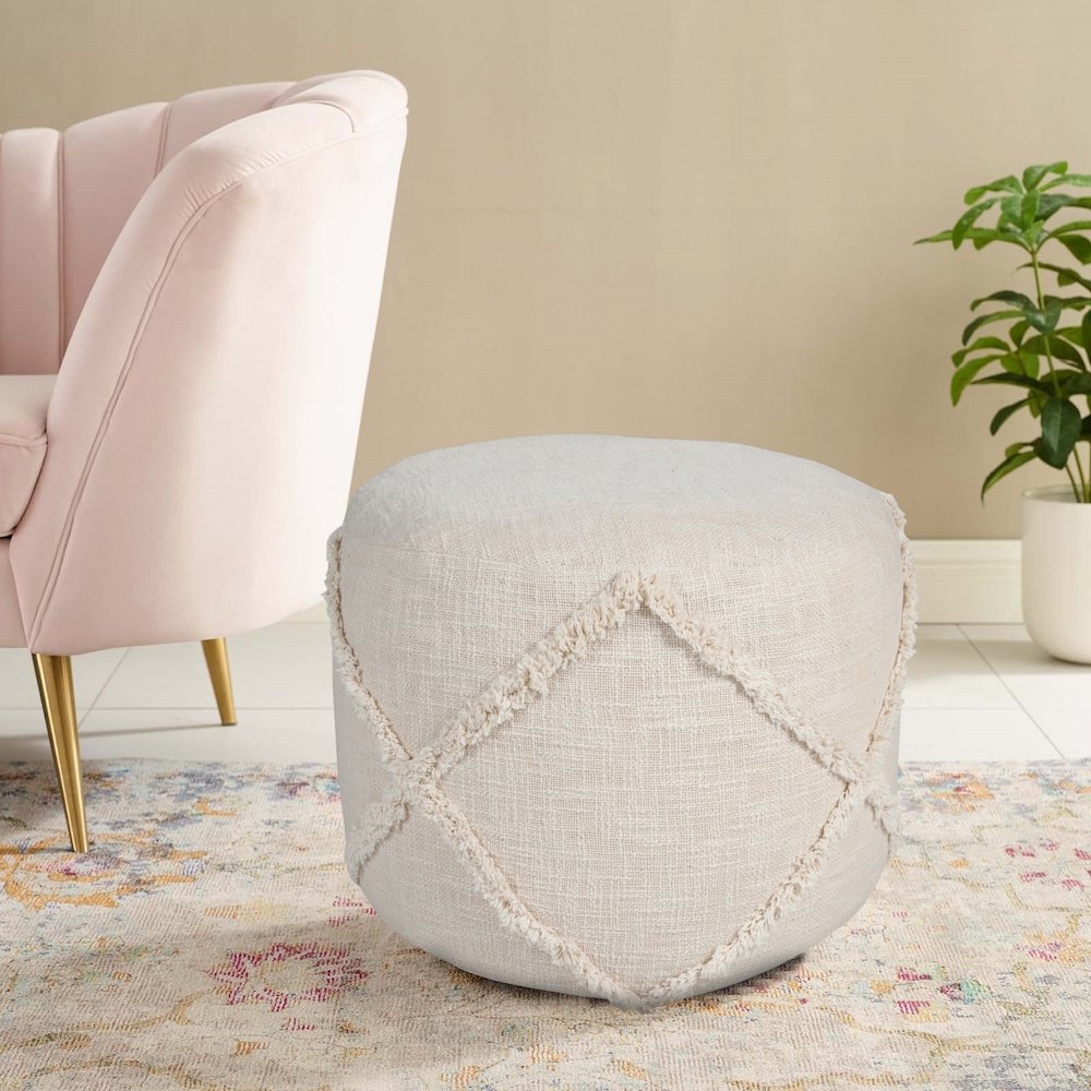 Revelation Cotton Indoor Pouf in Cream, 18" x 18" x 14". Picture 7