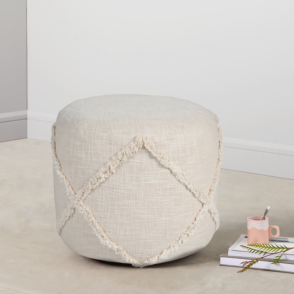 Revelation Cotton Indoor Pouf in Cream, 18" x 18" x 14". Picture 8