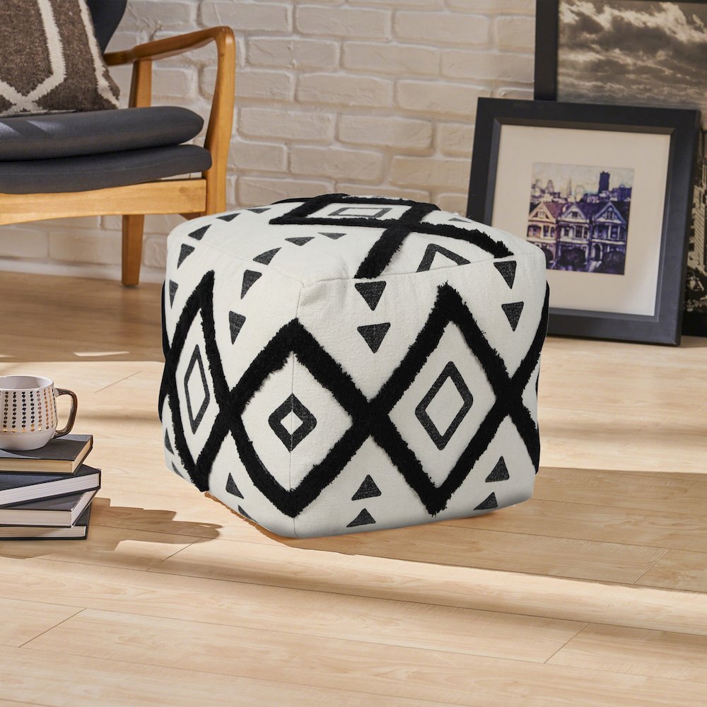 Avant-garde Cotton Indoor Pouf in White/Black, 18" x 18" x 14". Picture 9