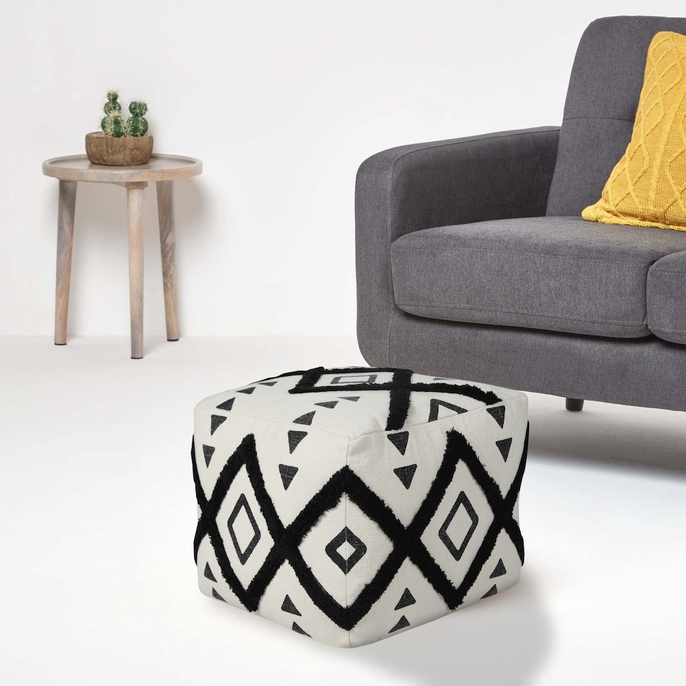 Avant-garde Cotton Indoor Pouf in White/Black, 18" x 18" x 14". Picture 10