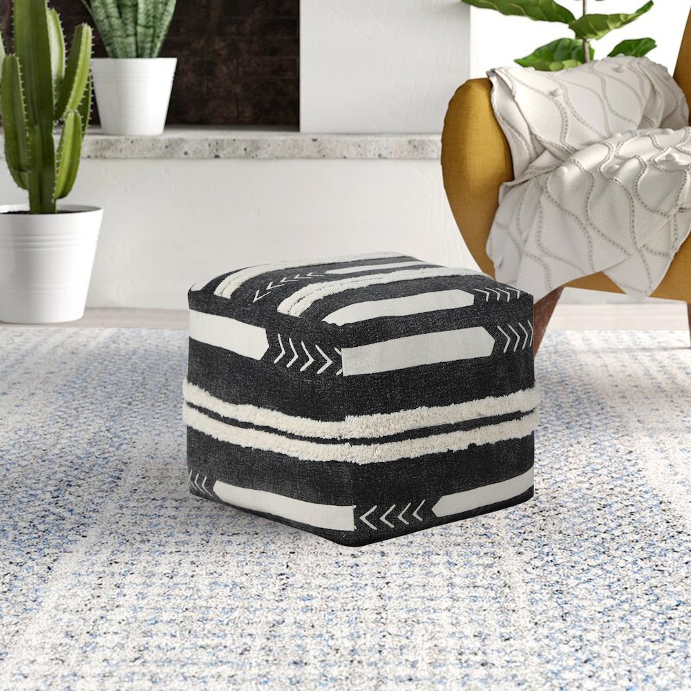 Avant-garde Cotton Indoor Pouf in Black/White, 18" x 18" x 14". Picture 8
