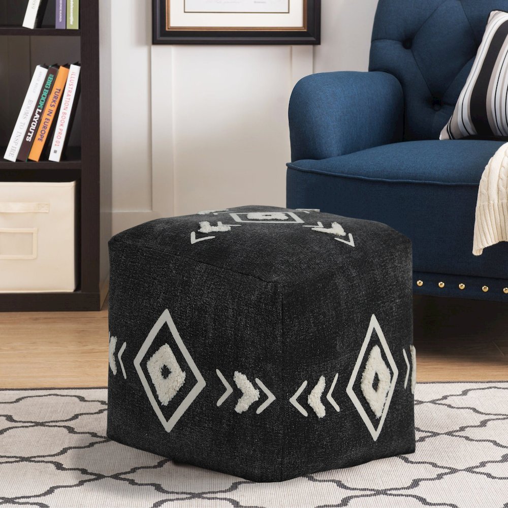 Avant-garde Cotton Indoor Pouf in Black/White, 18" x 18" x 14". Picture 9