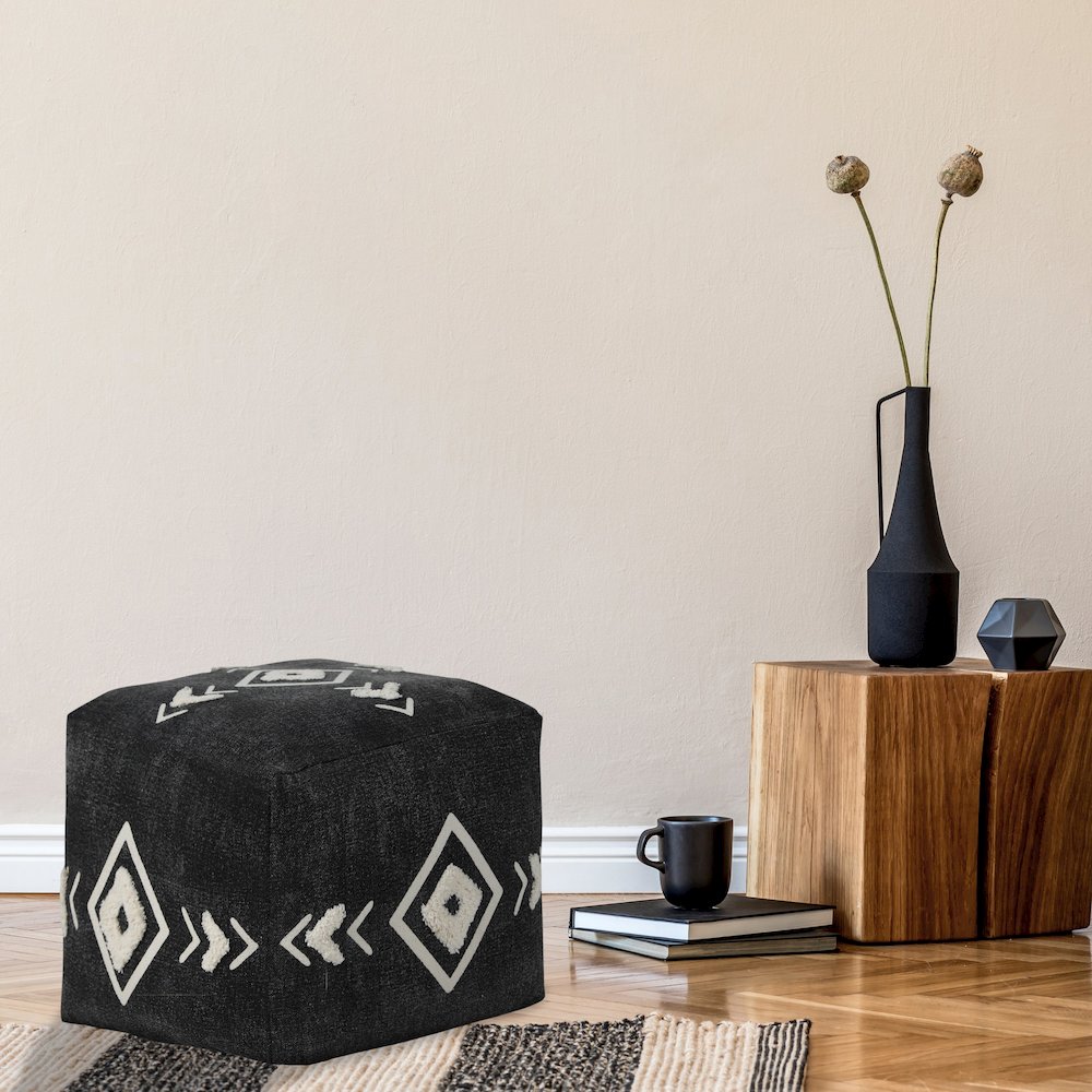 Avant-garde Cotton Indoor Pouf in Black/White, 18" x 18" x 14". Picture 10