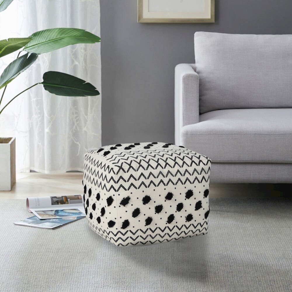 Avant-garde Cotton Indoor Pouf in White/Black, 18" x 18" x 14". Picture 8