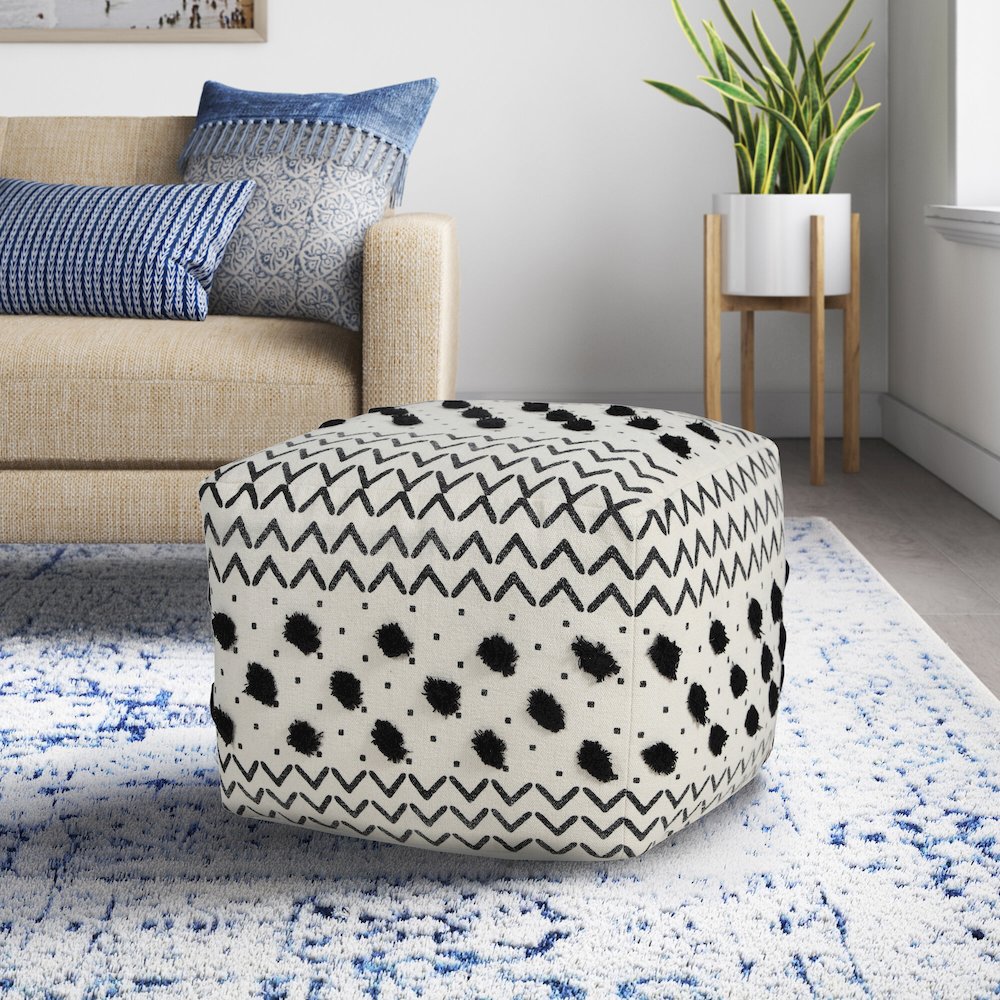 Avant-garde Cotton Indoor Pouf in White/Black, 18" x 18" x 14". Picture 9