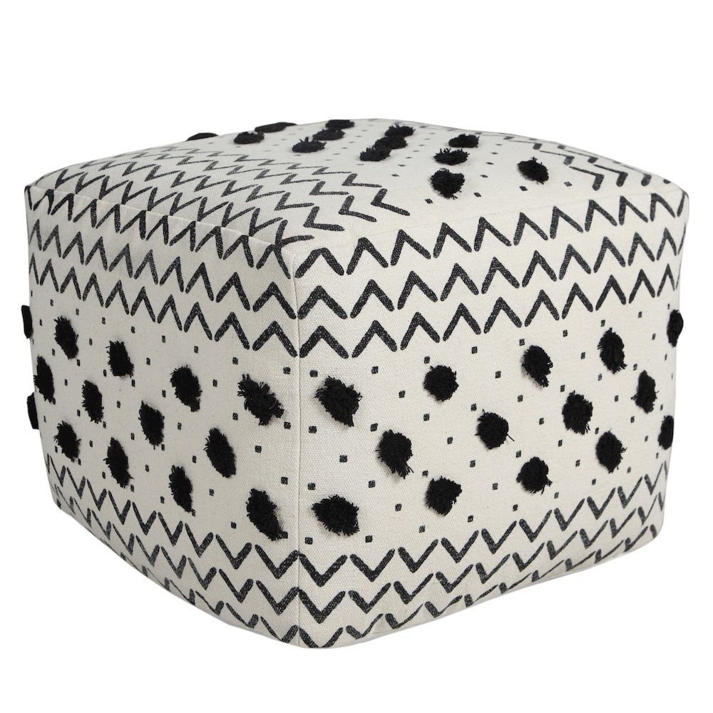 Avant-garde Cotton Indoor Pouf in White/Black, 18" x 18" x 14". Picture 1