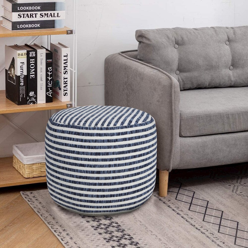 Quincy Cotton Indoor Pouf in Blue/White, 18" x 18" x 14". Picture 8
