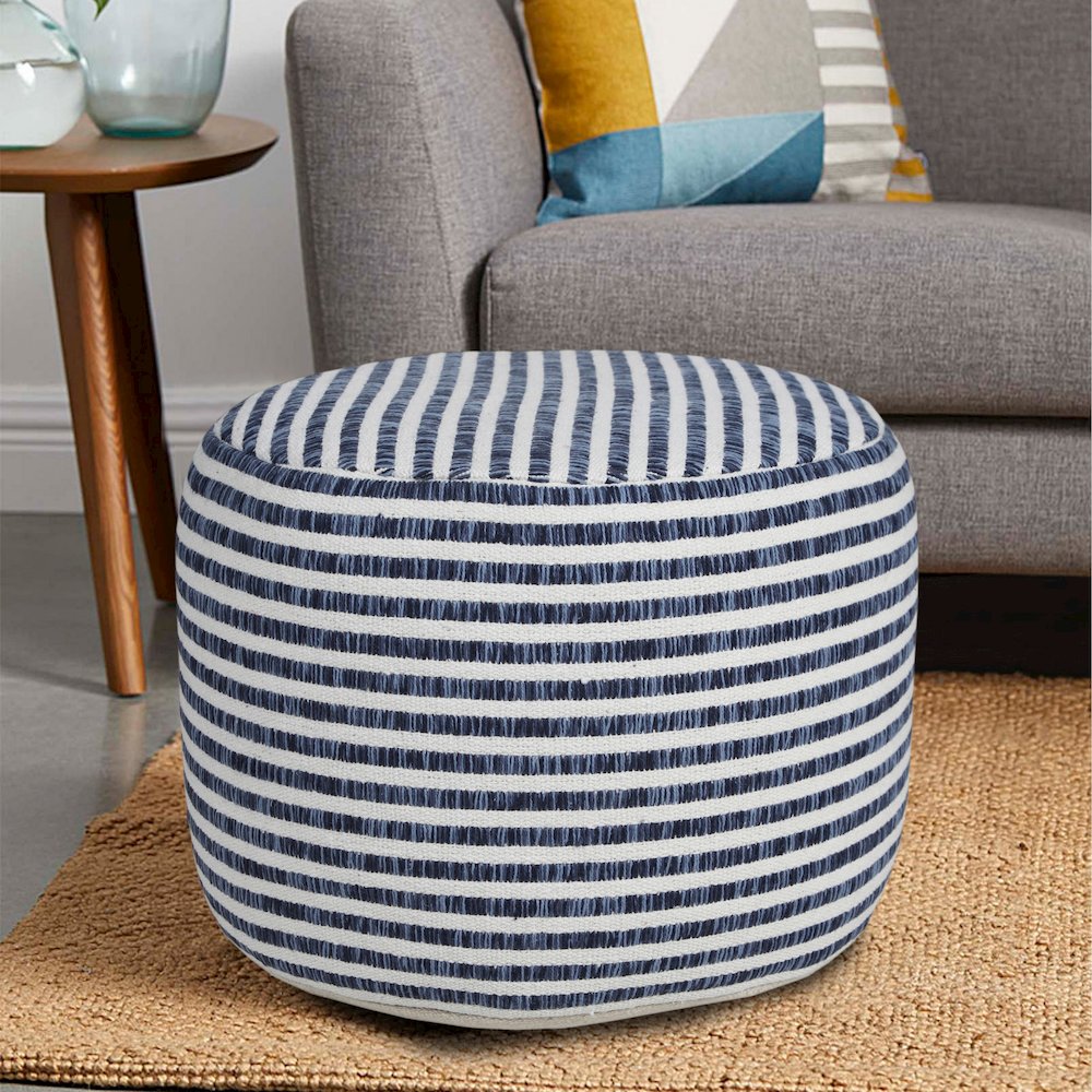 Quincy Cotton Indoor Pouf in Blue/White, 18" x 18" x 14". Picture 2