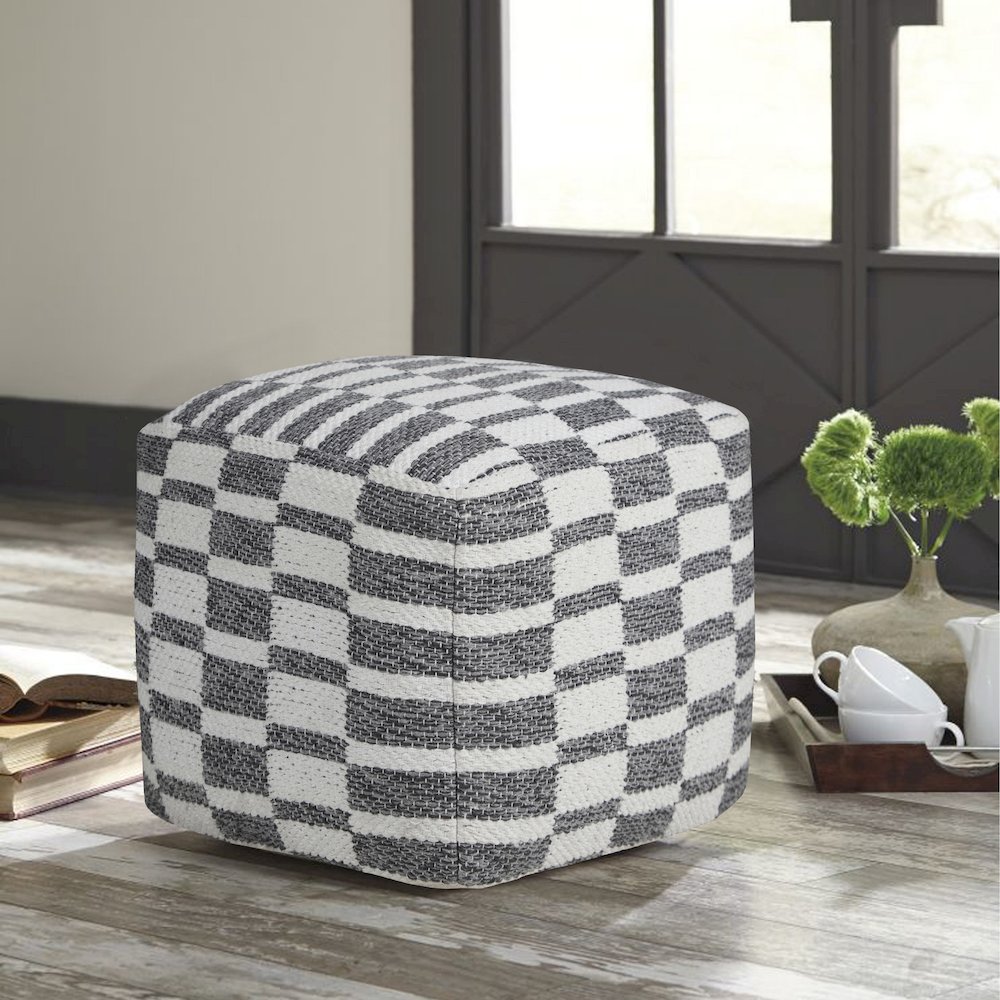Quincy Cotton Indoor Pouf in Gray/White, 18" x 18" x 14". Picture 2