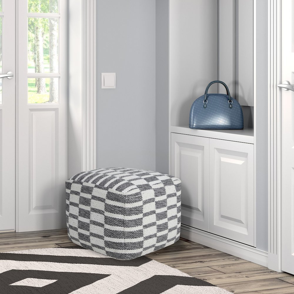 Quincy Cotton Indoor Pouf in Gray/White, 18" x 18" x 14". Picture 9