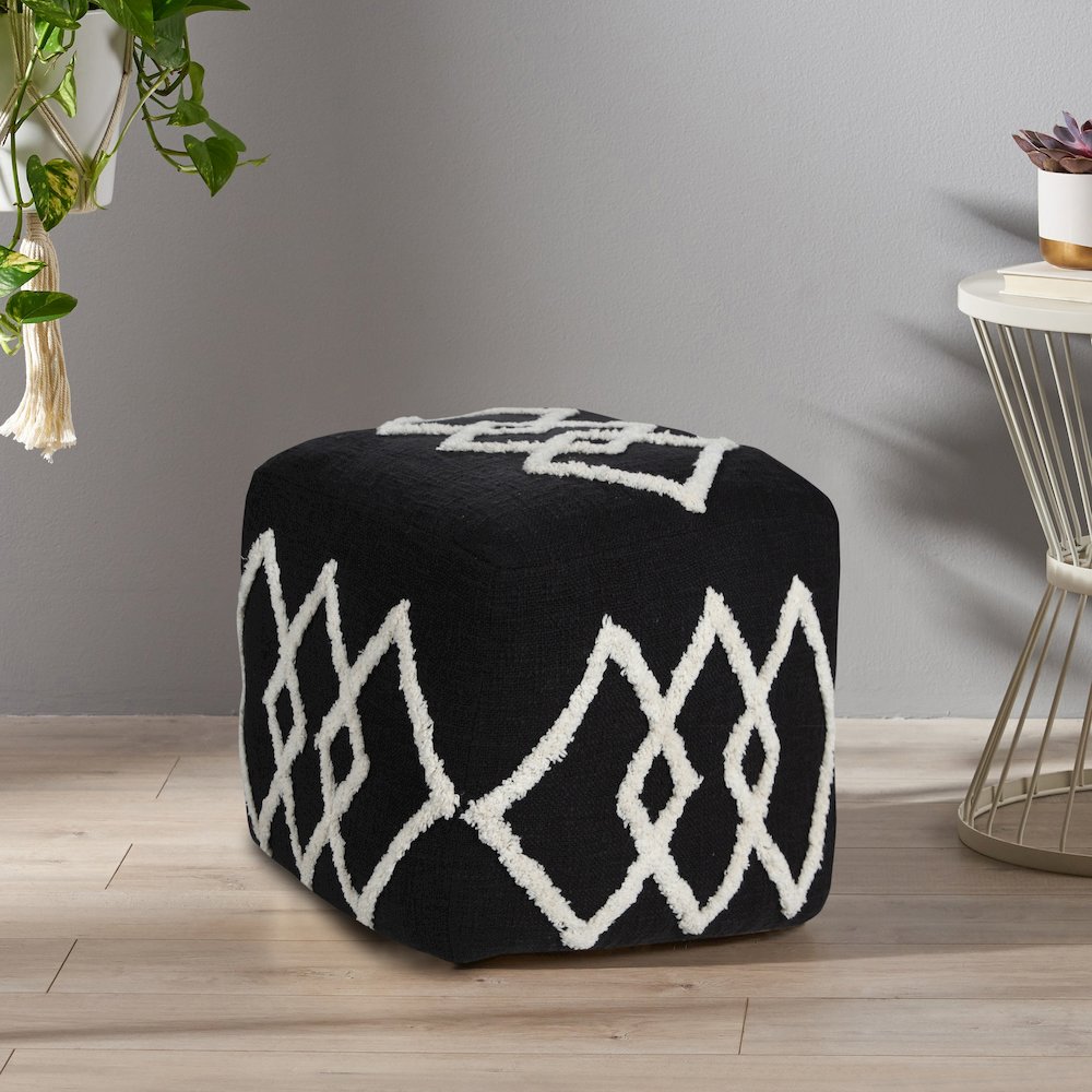 Avant-garde Cotton Indoor Pouf in Black/White, 18" x 18" x 14". Picture 9