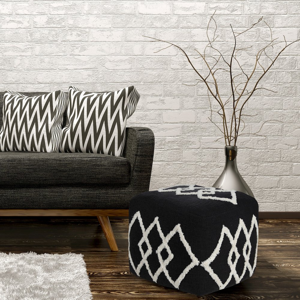 Avant-garde Cotton Indoor Pouf in Black/White, 18" x 18" x 14". Picture 10