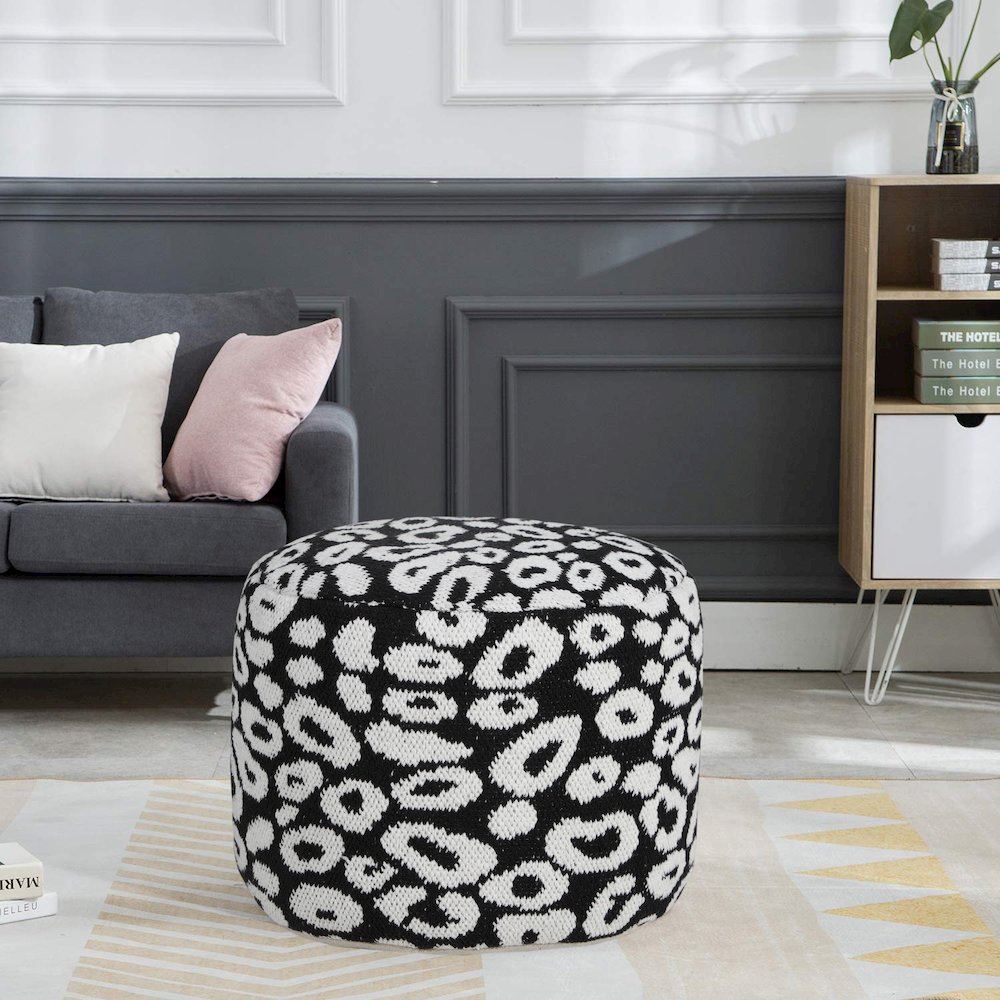 Quincy Cotton Blend Indoor Pouf in Black/White, 18" x 18" x 14". Picture 7