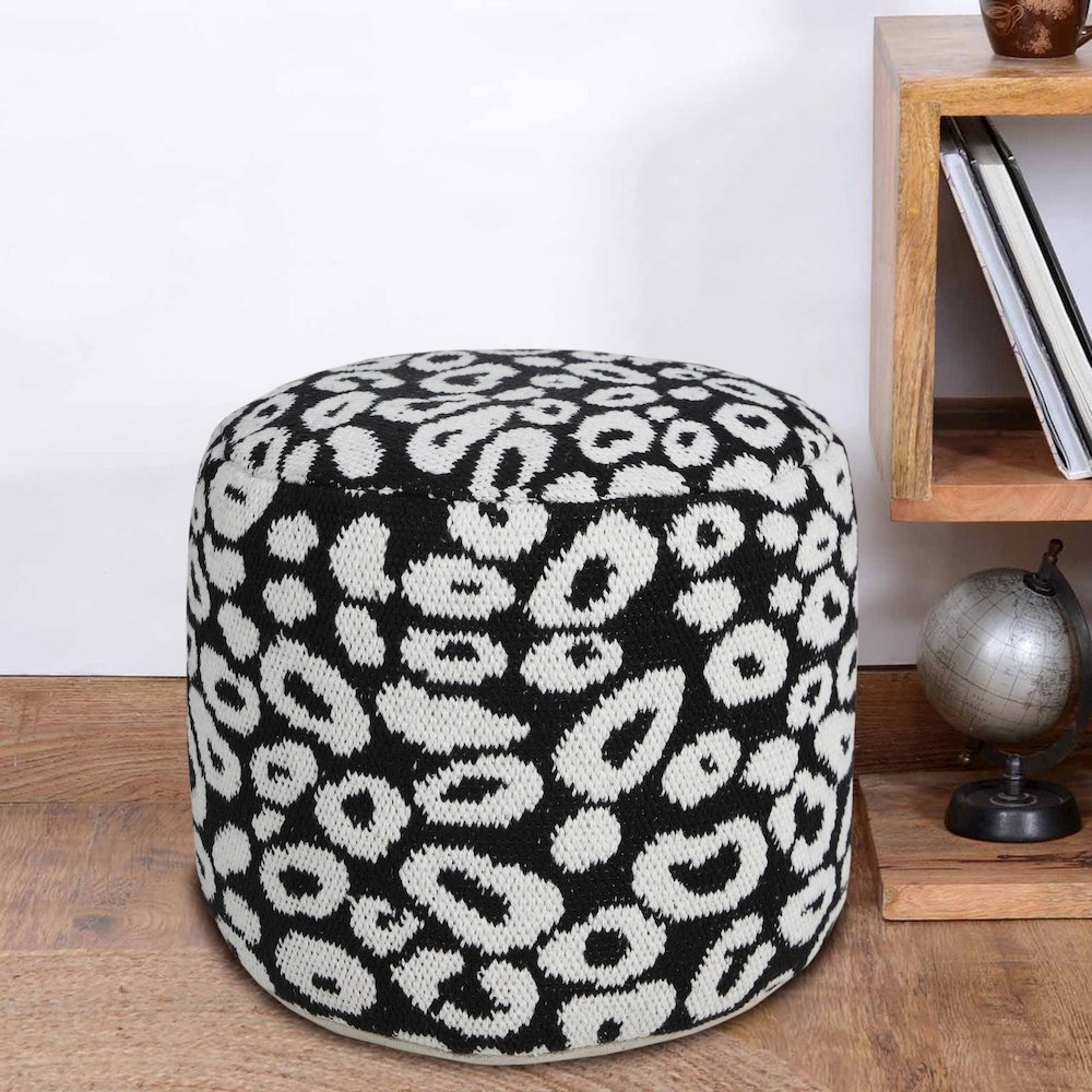 Quincy Cotton Blend Indoor Pouf in Black/White, 18" x 18" x 14". Picture 8