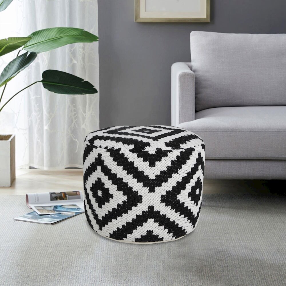 Quincy Cotton Blend Indoor Pouf in Black/White, 18" x 18" x 14". Picture 7